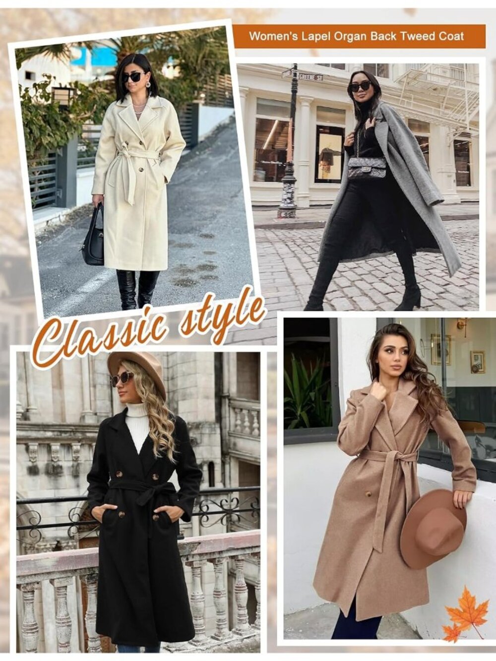 Women's Beige Polyester Mid length Autumn Elegant Double Breasted Long Pea Coat - Picture 5 of 6